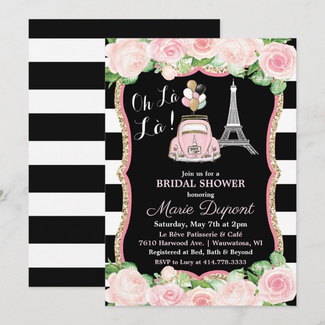 Paris Floral Travel Theme Bridal Shower Invitation (Front/Back)