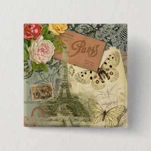 Paris France Antique Artwork Collage Eiffel French 15 Cm Square Badge