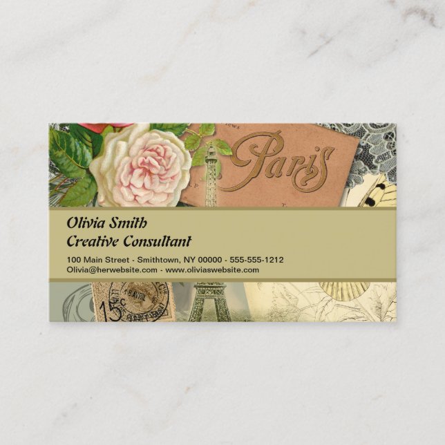 Paris France Antique Artwork Collage Eiffel French Business Card (Front)