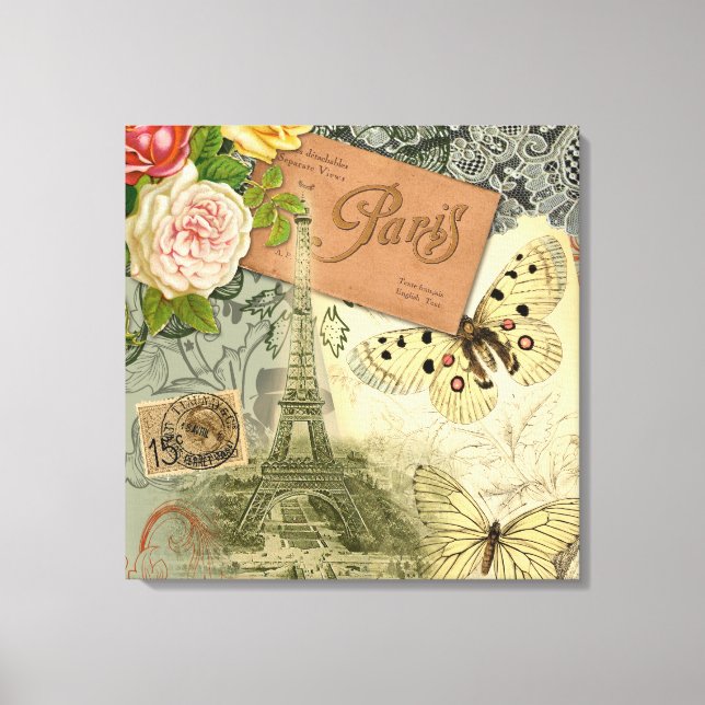 Paris France Antique Artwork Collage Eiffel French Canvas Print (Front)