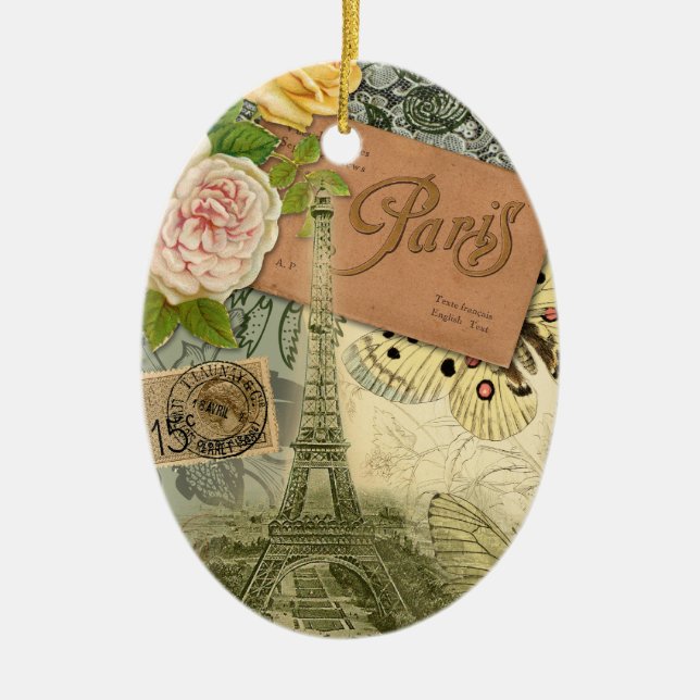 Paris France Antique Artwork Collage Eiffel French Ceramic Tree Decoration (Front)