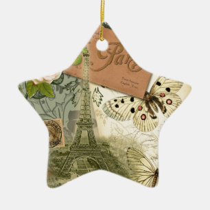 Paris France Antique Artwork Collage Eiffel French Ceramic Tree Decoration