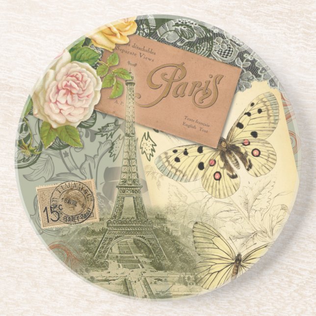 Paris France Antique Artwork Collage Eiffel French Coaster (Front)