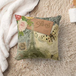 Paris France Antique Artwork Collage Eiffel French Cushion
