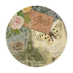 Paris France Antique Artwork Collage Eiffel French Cutting Board