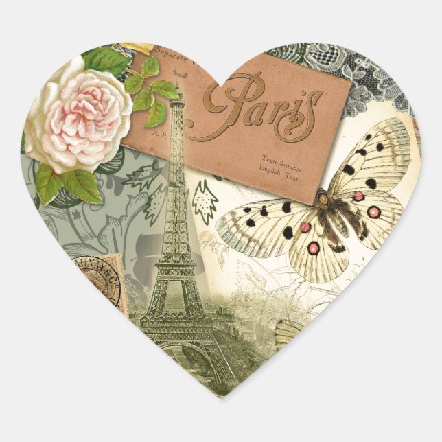 Paris France Antique Artwork Collage Eiffel French Heart Sticker (Front)
