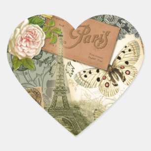 Paris France Antique Artwork Collage Eiffel French Heart Sticker
