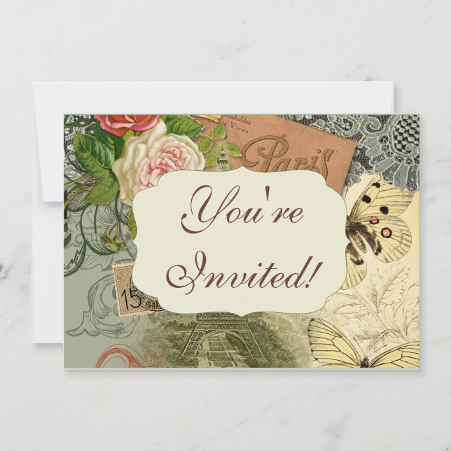 Paris France Antique Artwork Collage Eiffel French Invitation (Front)