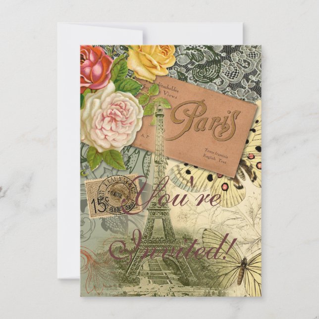 Paris France Antique Artwork Collage Eiffel French Invitation (Front)