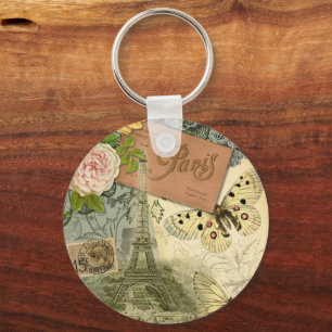 Paris France Antique Artwork Collage Eiffel French Key Ring