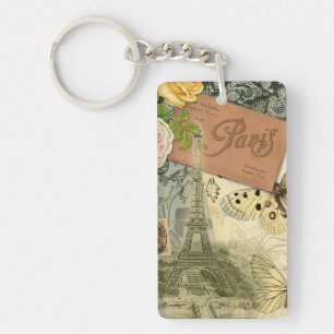 Paris France Antique Artwork Collage Eiffel French Key Ring