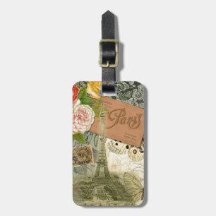 Paris France Antique Artwork Collage Eiffel French Luggage Tag