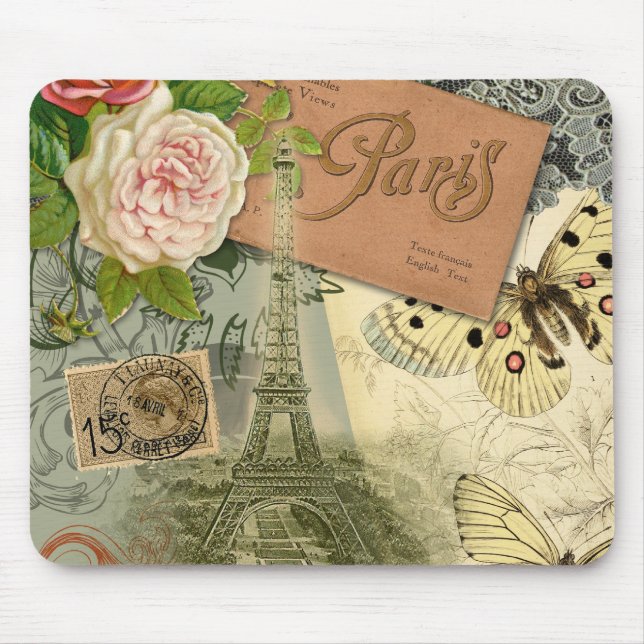 Paris France Antique Artwork Collage Eiffel French Mouse Mat (Front)