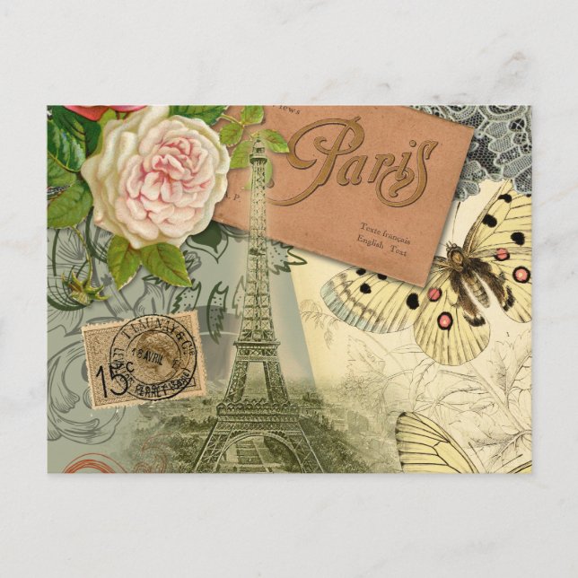 Paris France Antique Artwork Collage Eiffel French Postcard (Front)
