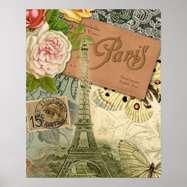 Paris France Antique Artwork Collage Eiffel French Poster (Front)
