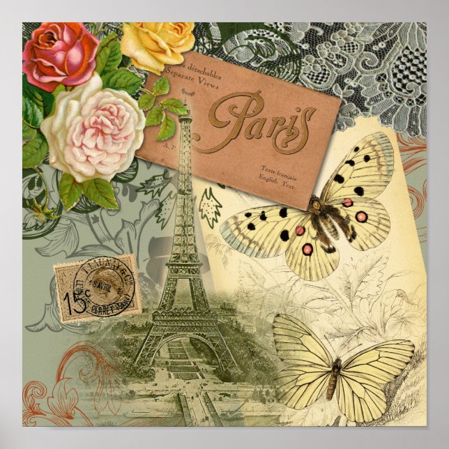 Paris France Antique Artwork Collage Eiffel French Poster (Front)