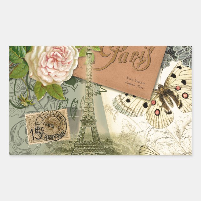 Paris France Antique Artwork Collage Eiffel French Rectangular Sticker (Front)