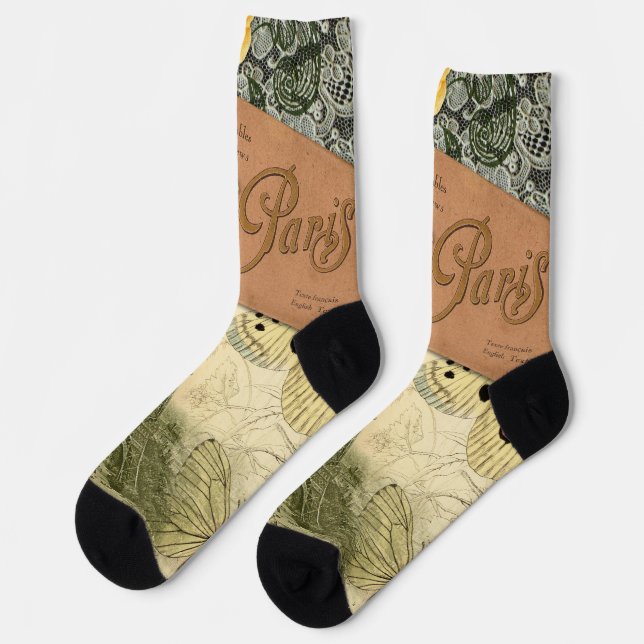 Paris France Antique Artwork Collage Eiffel French Socks (Left)