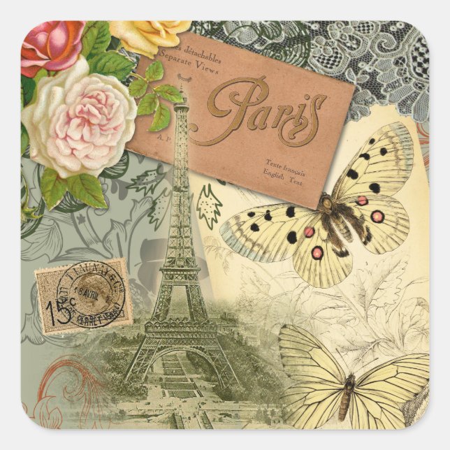Paris France Antique Artwork Collage Eiffel French Square Sticker (Front)
