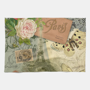 Paris France Antique Artwork Collage Eiffel French Tea Towel