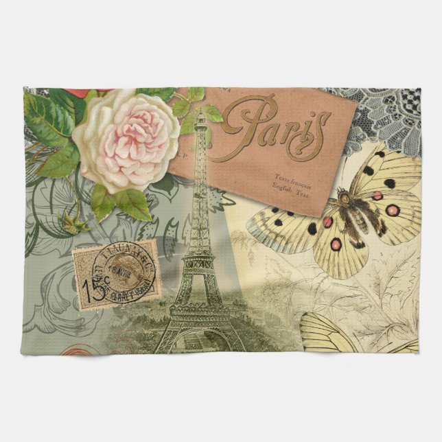 Paris France Antique Artwork Collage Eiffel French Tea Towel (Horizontal)