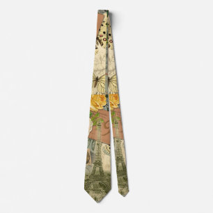 Paris France Antique Artwork Collage Eiffel French Tie
