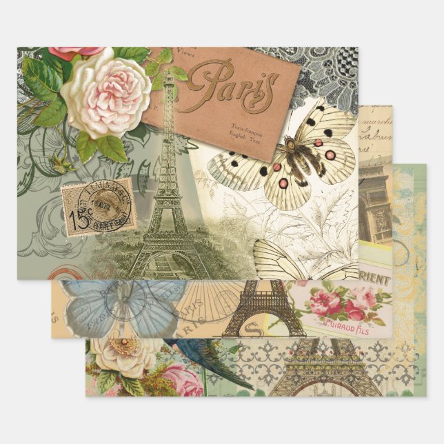 Paris France Antique Artwork Collage Eiffel French Wrapping Paper Sheet (Set)