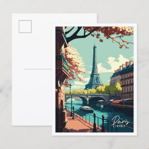 Paris France Art vintage travel Illustration Postcard