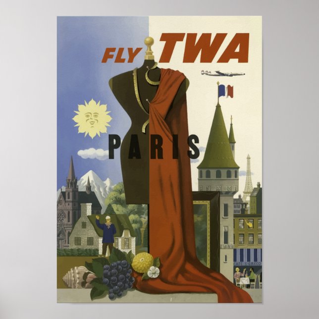Paris France Aviation Airline Vintage Travel Poster (Front)