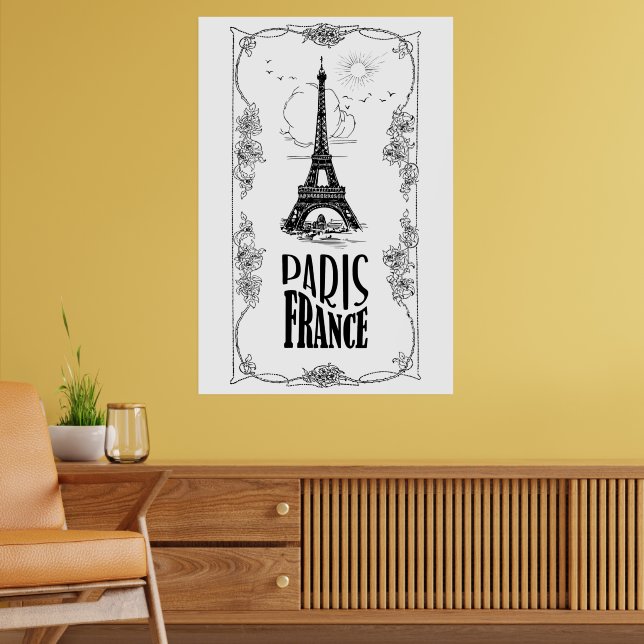 Paris France Black on White Poster (Living Room 2)