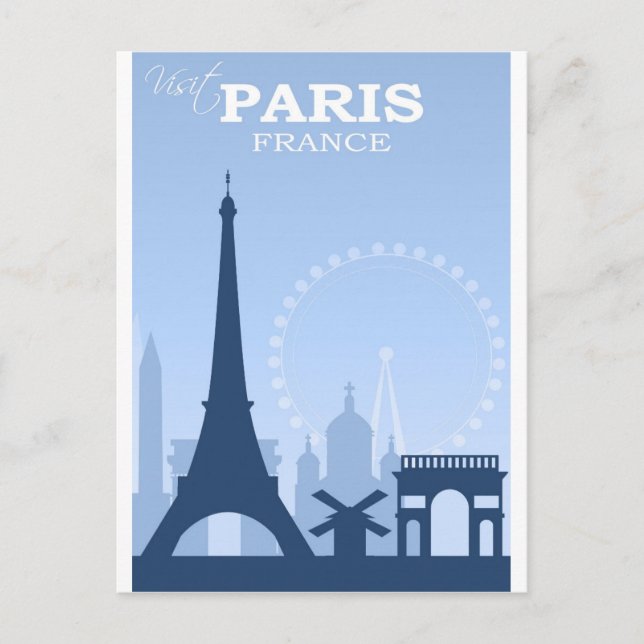 Paris France Blue Vintage Travel Postcard (Front)