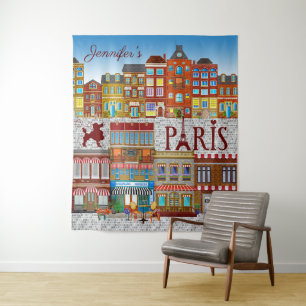 Paris France Brick Buildings French Café Travel Tapestry
