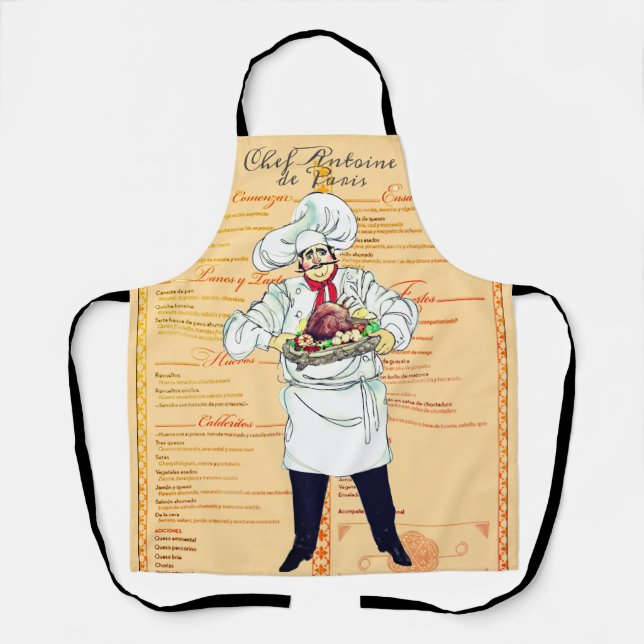 Paris France Chef Caricature Menu Text Apron (Front)