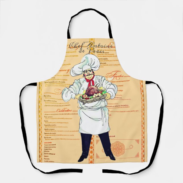 Paris France Chef Caricature Menu Text Apron (Front)