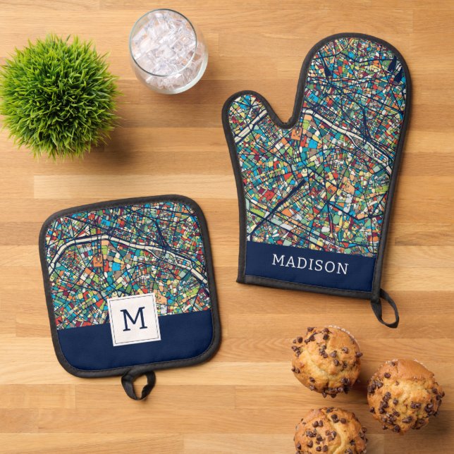 Paris France | Colourful Map Oven Mitt & Pot Holder Set (Top Down)