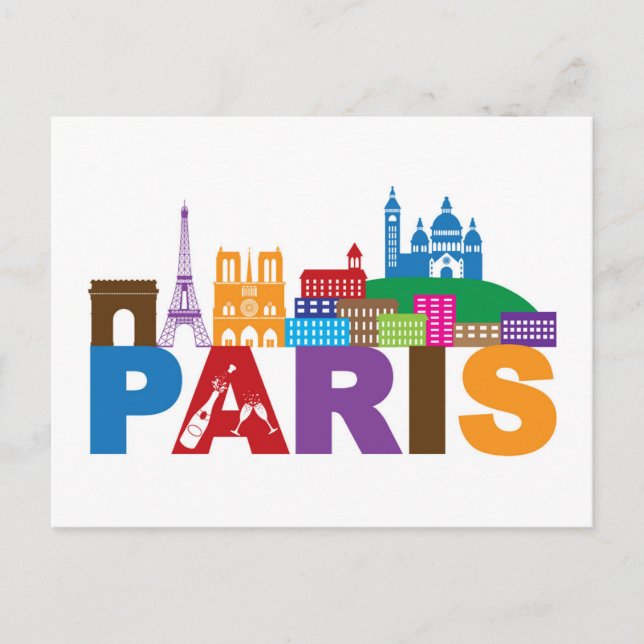 Paris, France | Colourful Typography Postcard (Front)