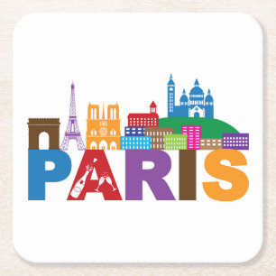 Paris, France Colourful Typography Square Paper Coaster