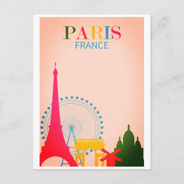 Paris France Colourful Vintage Travel Postcard (Front)