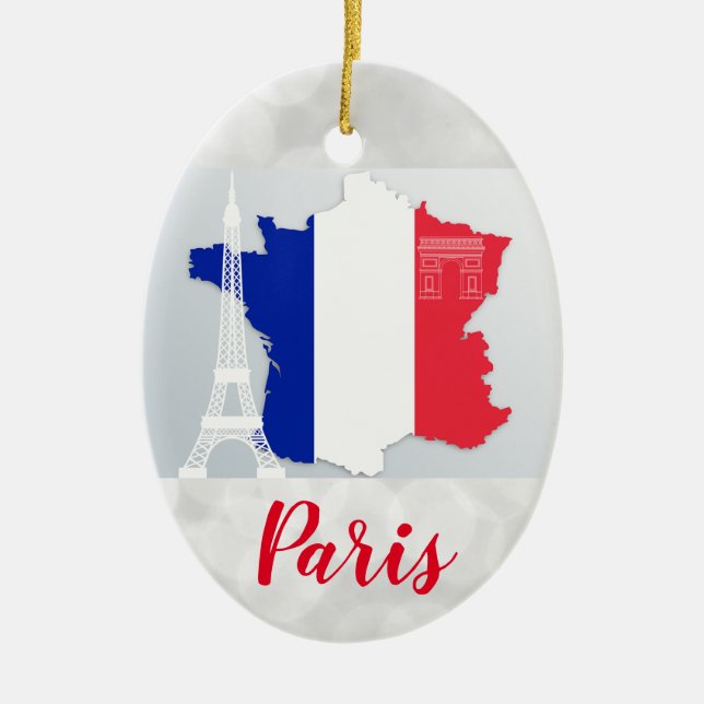 Paris France Eiffel Tower Flag Map Christmas Ceramic Tree Decoration (Front)