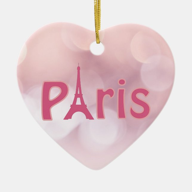 Paris France Eiffel Tower Pink Heart Christmas Ceramic Tree Decoration (Front)