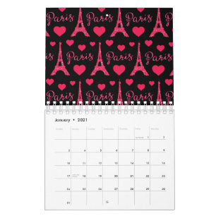 Paris France Eiffel Tower Pink Hearts Glitter Calendar