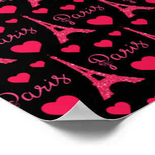 Paris France Eiffel Tower Pink Hearts Glitter Poster