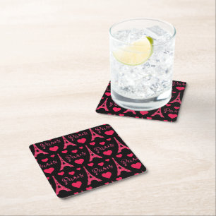 Paris France Eiffel Tower Pink Hearts Glitter Square Paper Coaster