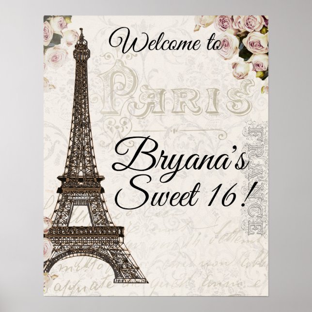 Paris France Eiffel Tower Pink Roses Chic Glamour Poster (Front)