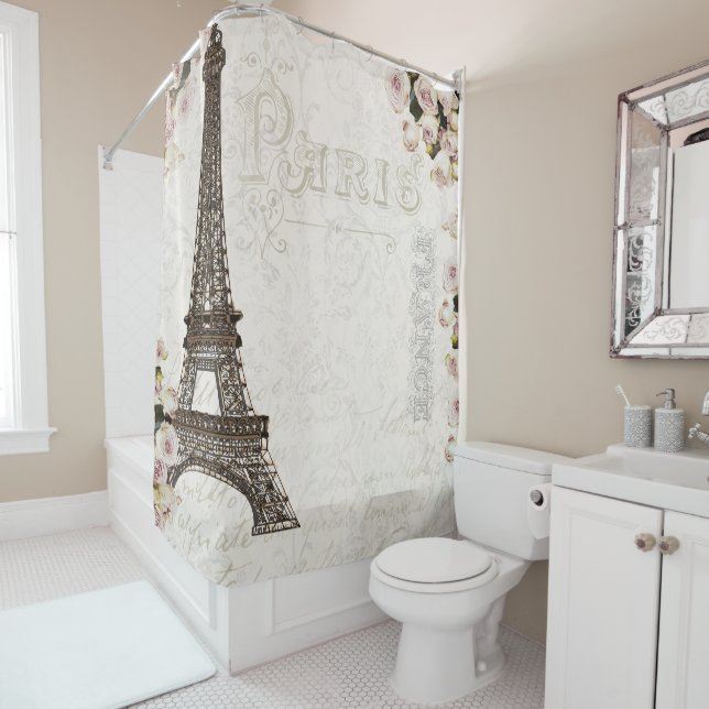 Paris France Eiffel Tower Pink Roses Glamour Shower Curtain (In Situ)