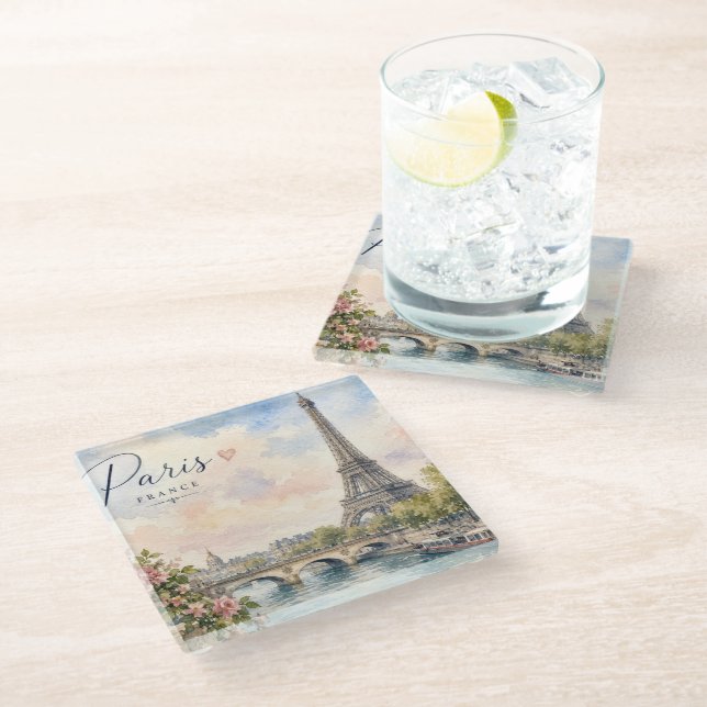 Paris France Eiffel Tower river seine  Glass Coaster (Angled)