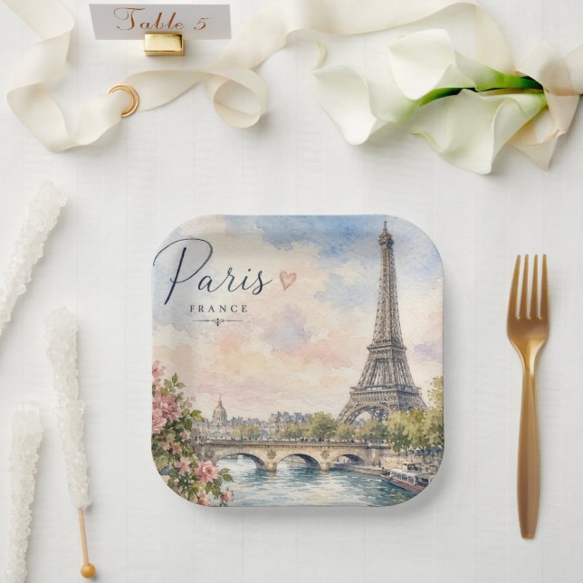 Paris France Eiffel Tower river seine  Paper Plate (Wedding)