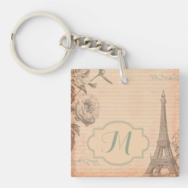 Paris France Eiffel Tower Shabb Monogram Key Chain (Front)