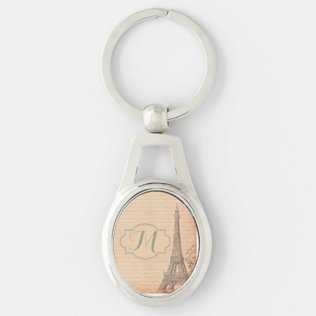 Paris France Eiffel Tower Shabby Chi Oval Keychain (Front)