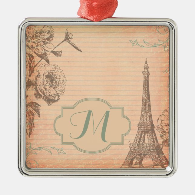 Paris France Eiffel Tower Shabby Monogram Ornament (Front)